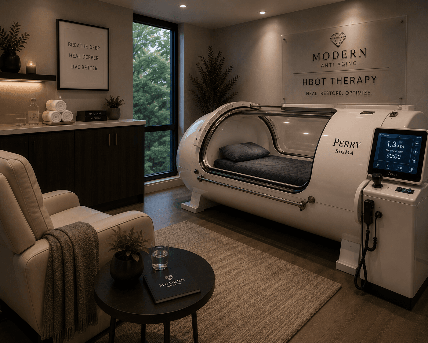 Hyperbaric oxygen therapy chamber in a private suite