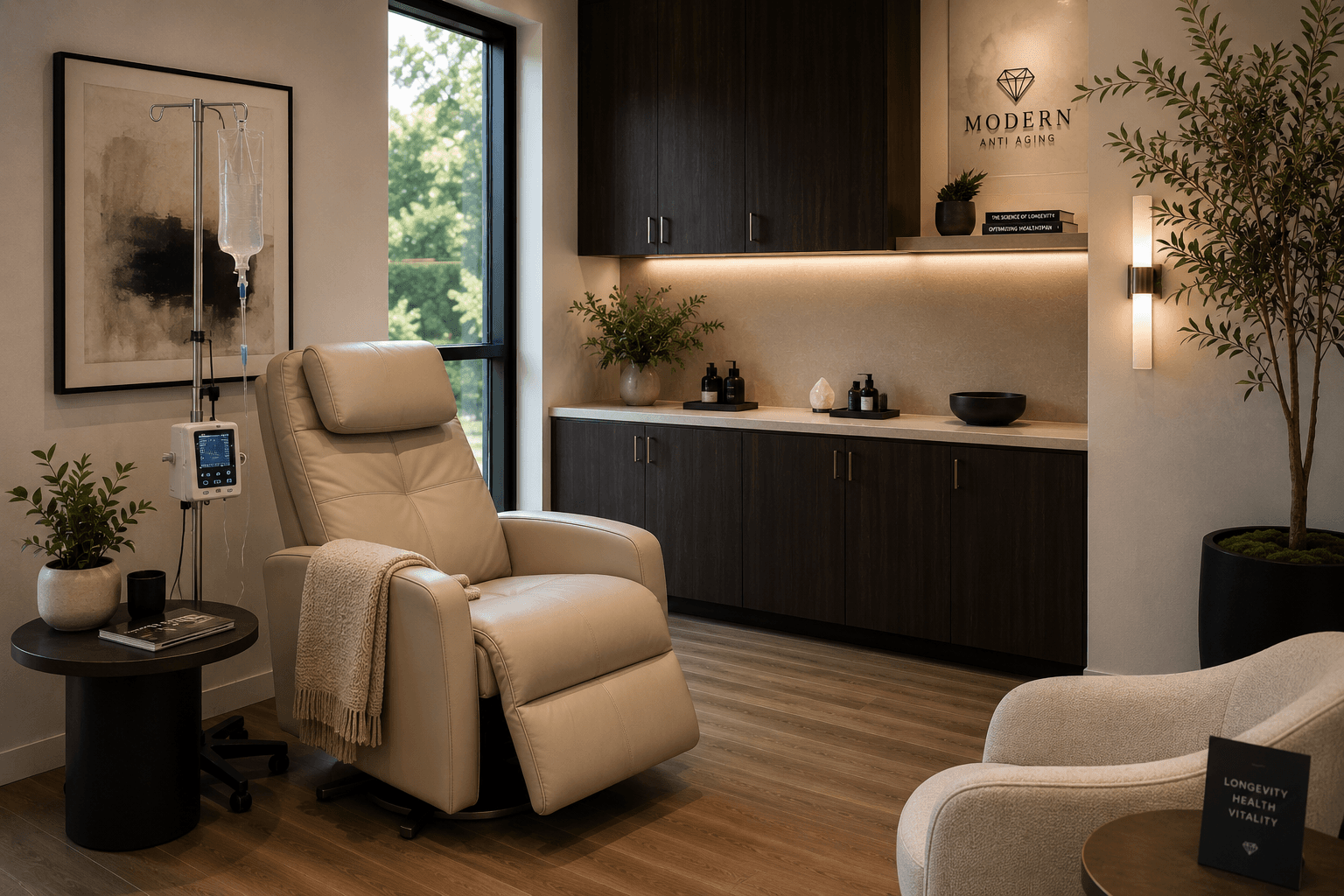 Private infusion lounge with recliner and IV therapy suite
