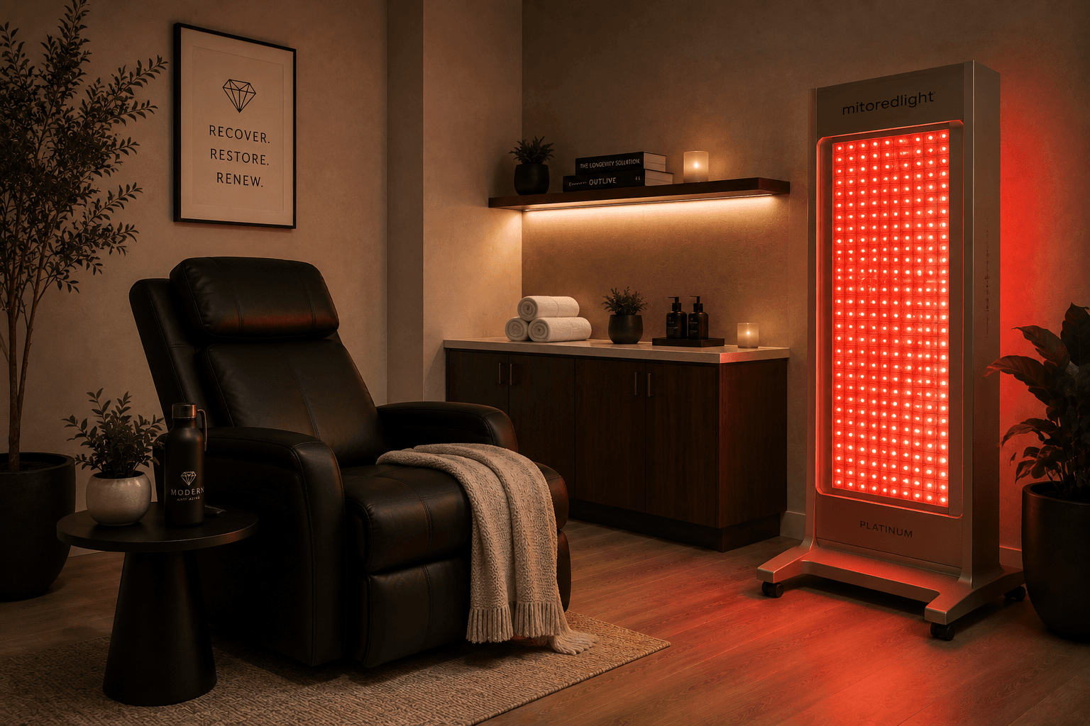 Red light therapy suite with recliner and clinical light panel
